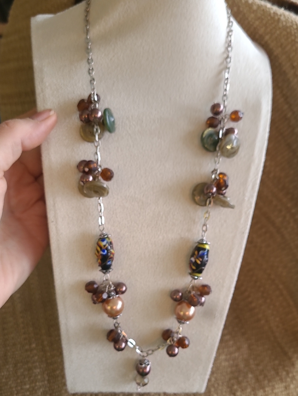 2/$12 Multicolour faux pearl, vintage button and Handmade glass Bead necklace